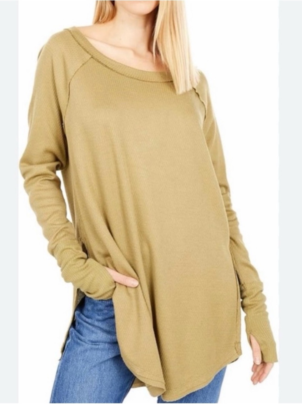 #889 WE THE FREE Relaxed Olive Green Waffle Knit Long Sleeve Top - !Thumb Holes!